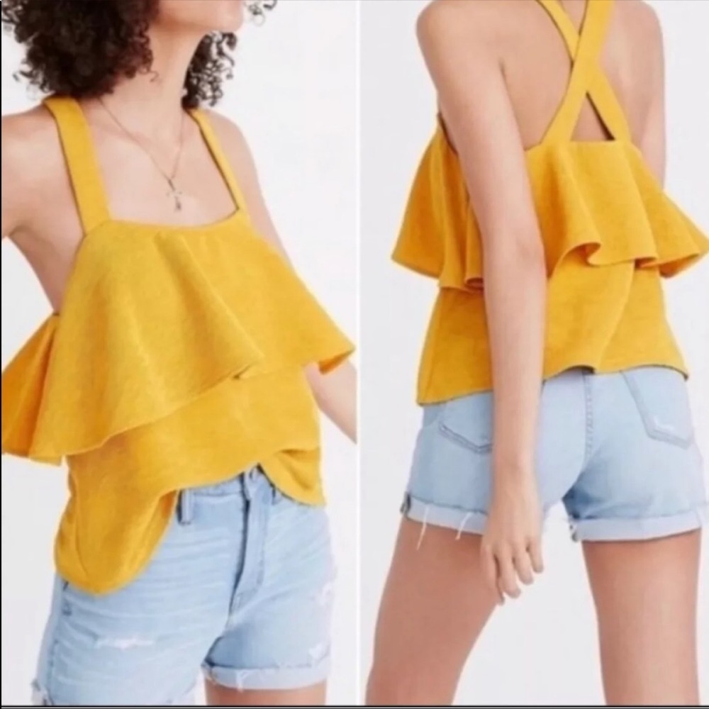 NWT Madewell Texture & Thread Mustard Tiered Ruffle Crisscross Tank Top Size M